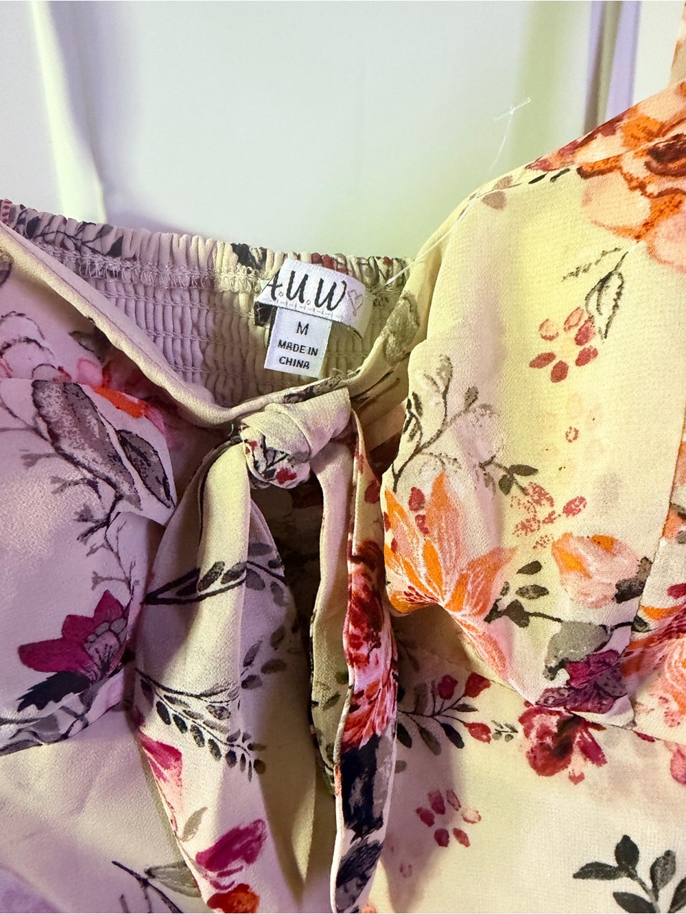 A.W.W Floral Tie-Neck Blouse in Cream with Pink & Orange Blooms- medium - Picture 9 of 10